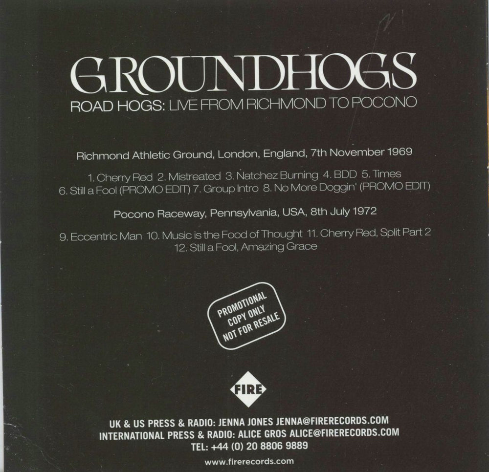 The Groundhogs Road Hogs: Live From Richmond To Pocono UK Promo CD album (CDLP)