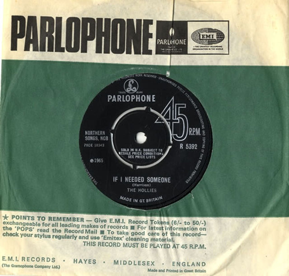 The Hollies If I Needed Someone UK 7" vinyl single (7 inch record / 45) R5392