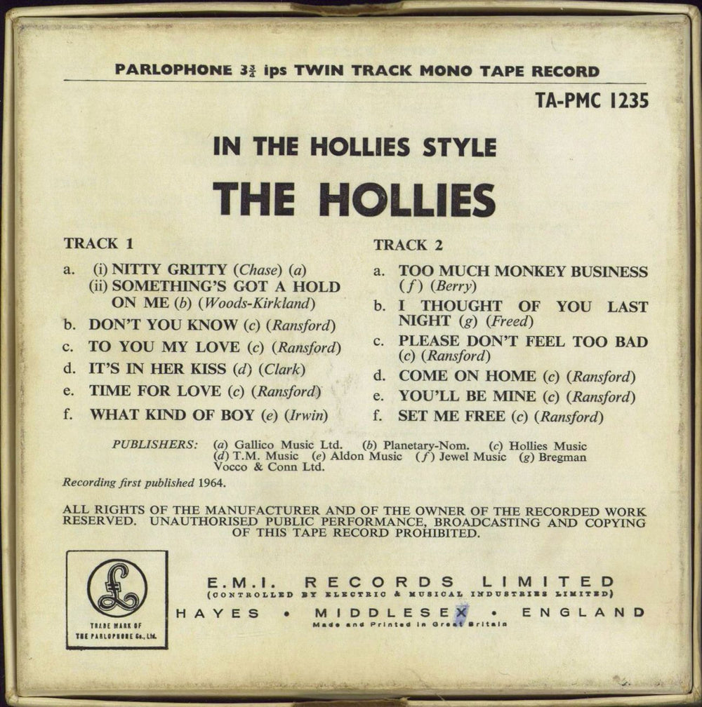 The Hollies In The Hollies Style UK Reel to Reel