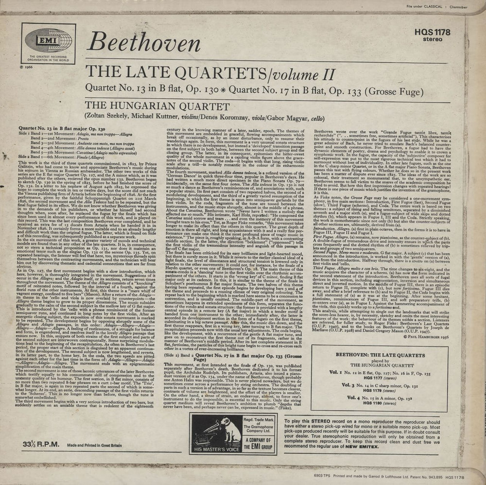 The Hungarian Quartet Beethoven: The Late Quartets Volume II - 1st UK vinyl LP album (LP record)