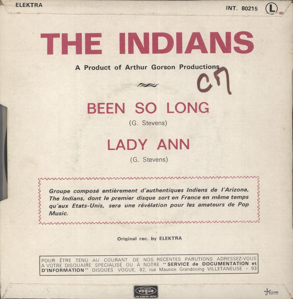 The Indians (60S) Been So Long French 7" vinyl single (7 inch record / 45)