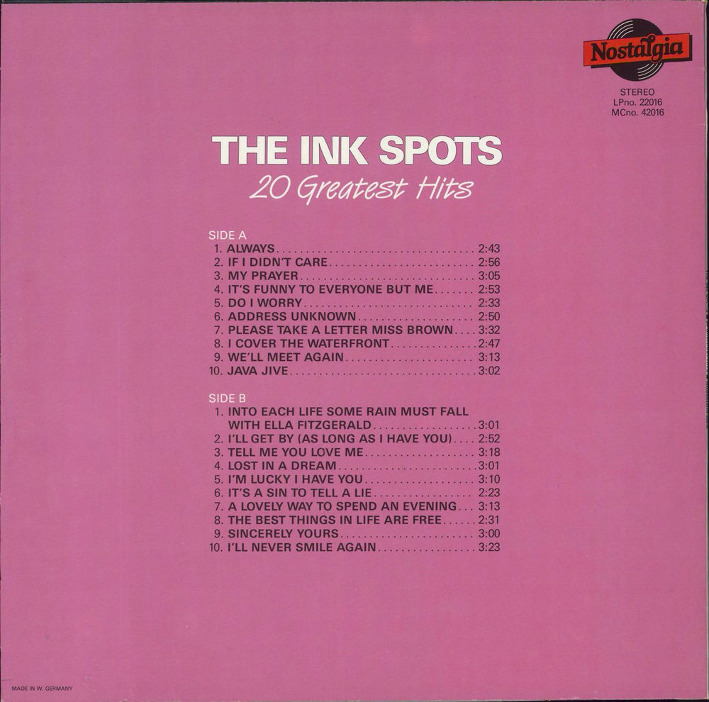 The Ink Spots 20 Greatest Hits German vinyl LP album (LP record)