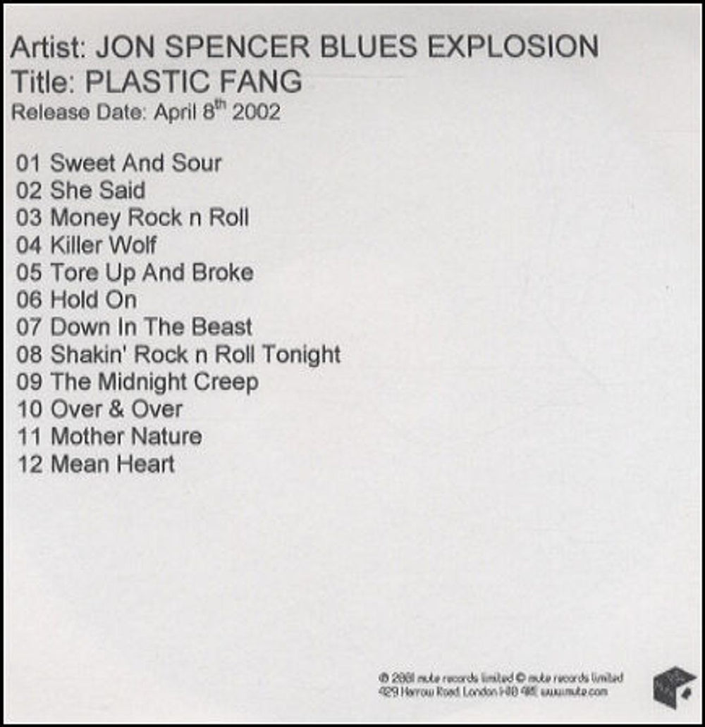 The Jon Spencer Blues Explosion Plastic Fang UK Promo CD-R acetate CDR ACETATE