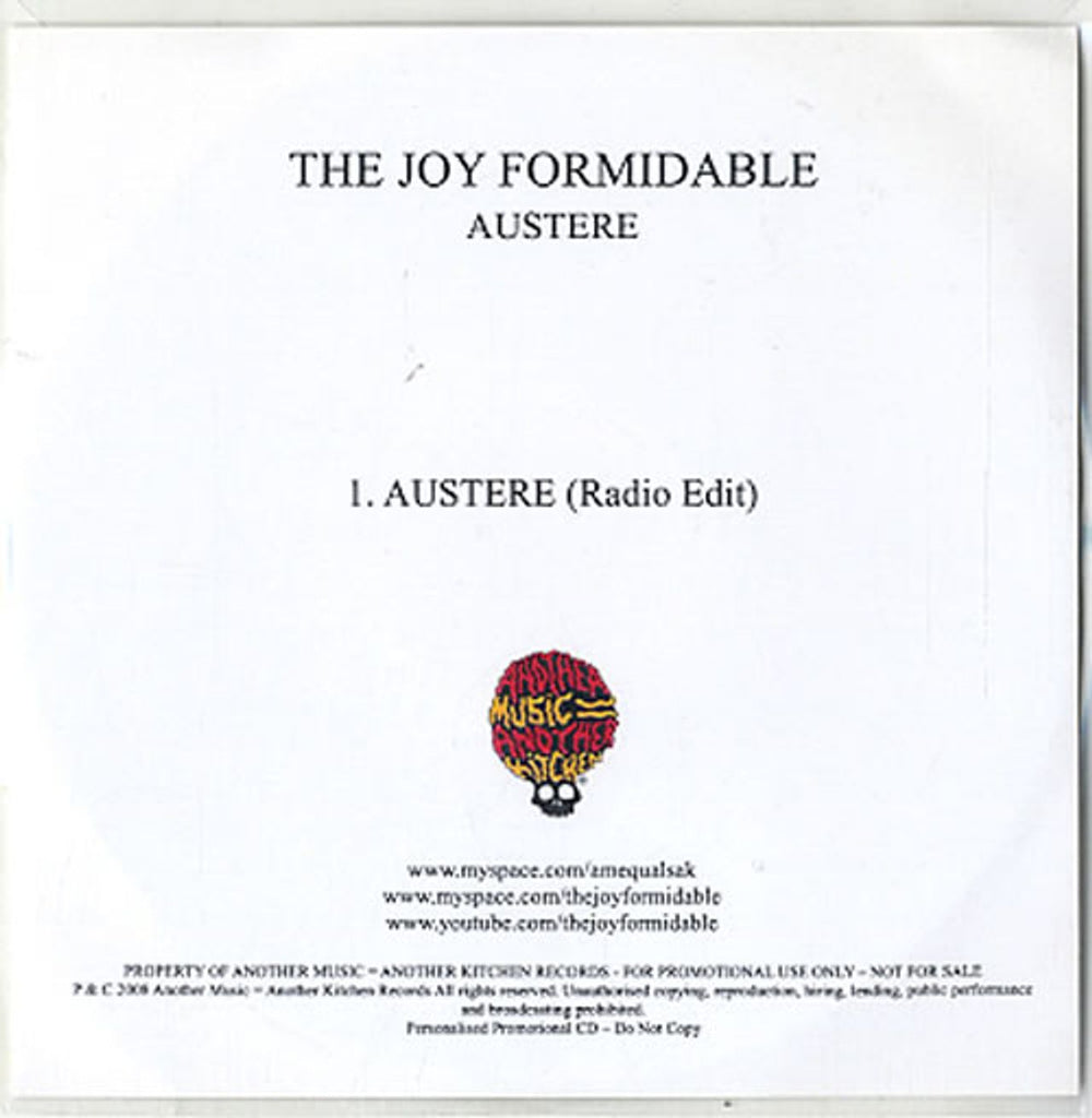 The Joy Formidable Austere UK Promo CD-R acetate CD-R