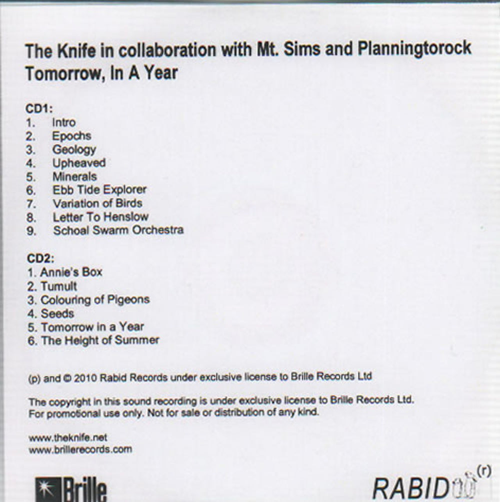 The Knife In Collaboration With Mt. Sims And Planningtorock – Tomorrow, In A Year UK Promo CD-R acetate TKFCRIN634156