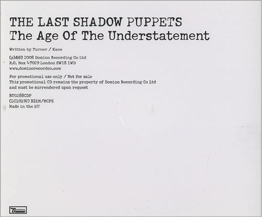 The Last Shadow Puppets The Age Of The Understatement UK Promo CD single (CD5 / 5") RUG288CDP