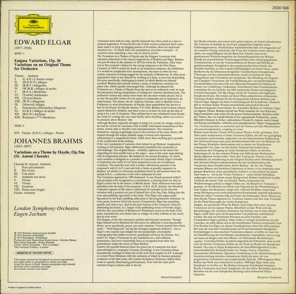 The London Symphony Orchestra Elgar: Enigma Variations / Brahms: St Antoni Variations UK vinyl LP album (LP record)