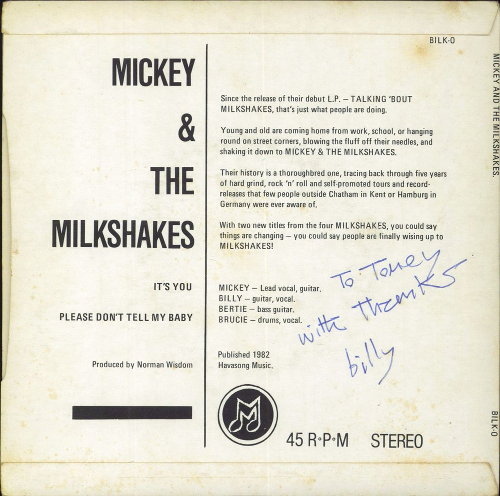 The Milkshakes It's You - Autographed UK 7" vinyl single (7 inch record / 45)