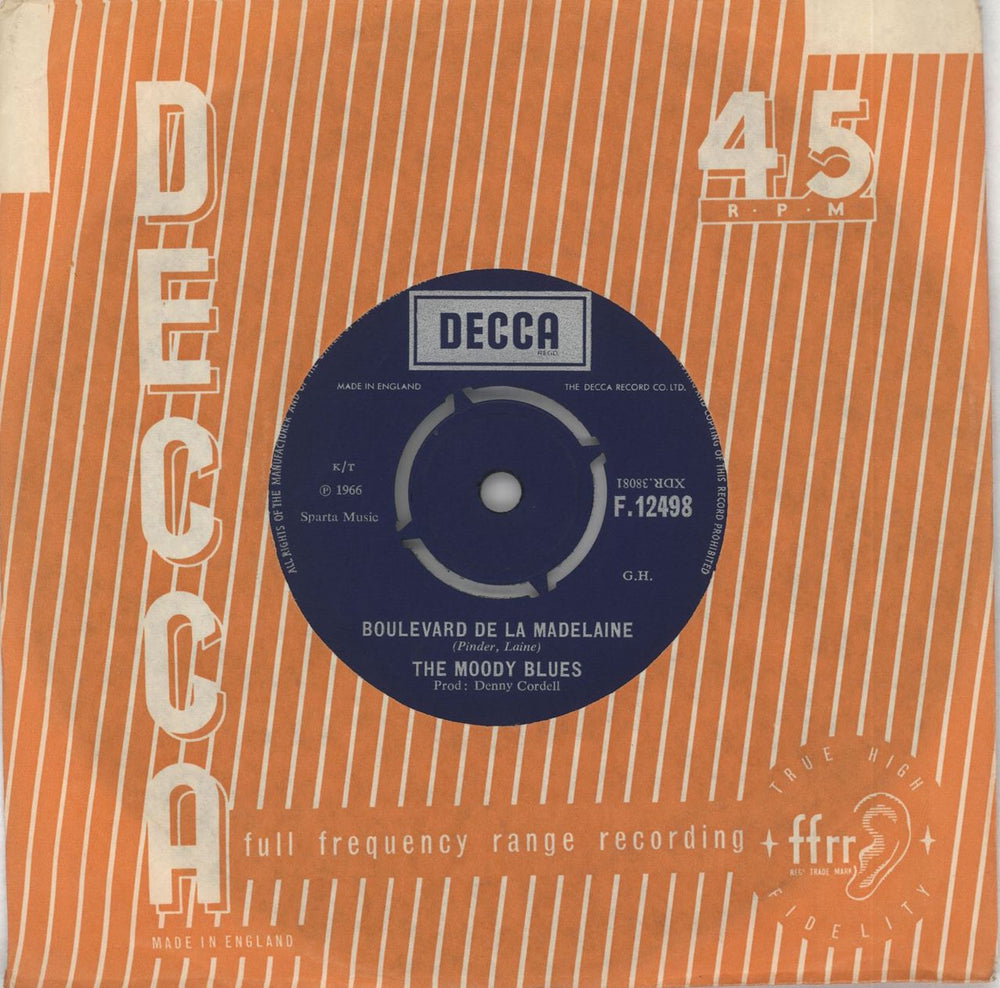 The Moody Blues Boulevard De La Madelaine UK 7" vinyl single (7 inch record / 45) F.12498