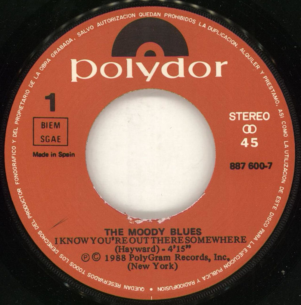 The Moody Blues I Know You're Out There Somewhere Spanish 7" vinyl single (7 inch record / 45) MBL07IK715278