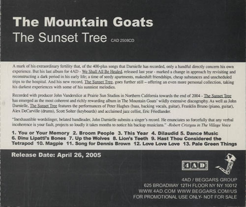 The Mountain Goats The Sunset Tree US Promo CD single (CD5 / 5") CAD2508CD