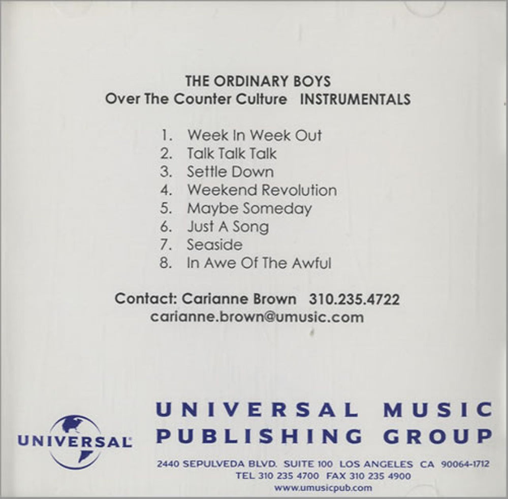 The Ordinary Boys Over The Counter Culture - Instrumentals US Promo CD-R acetate CDR-ACETATE