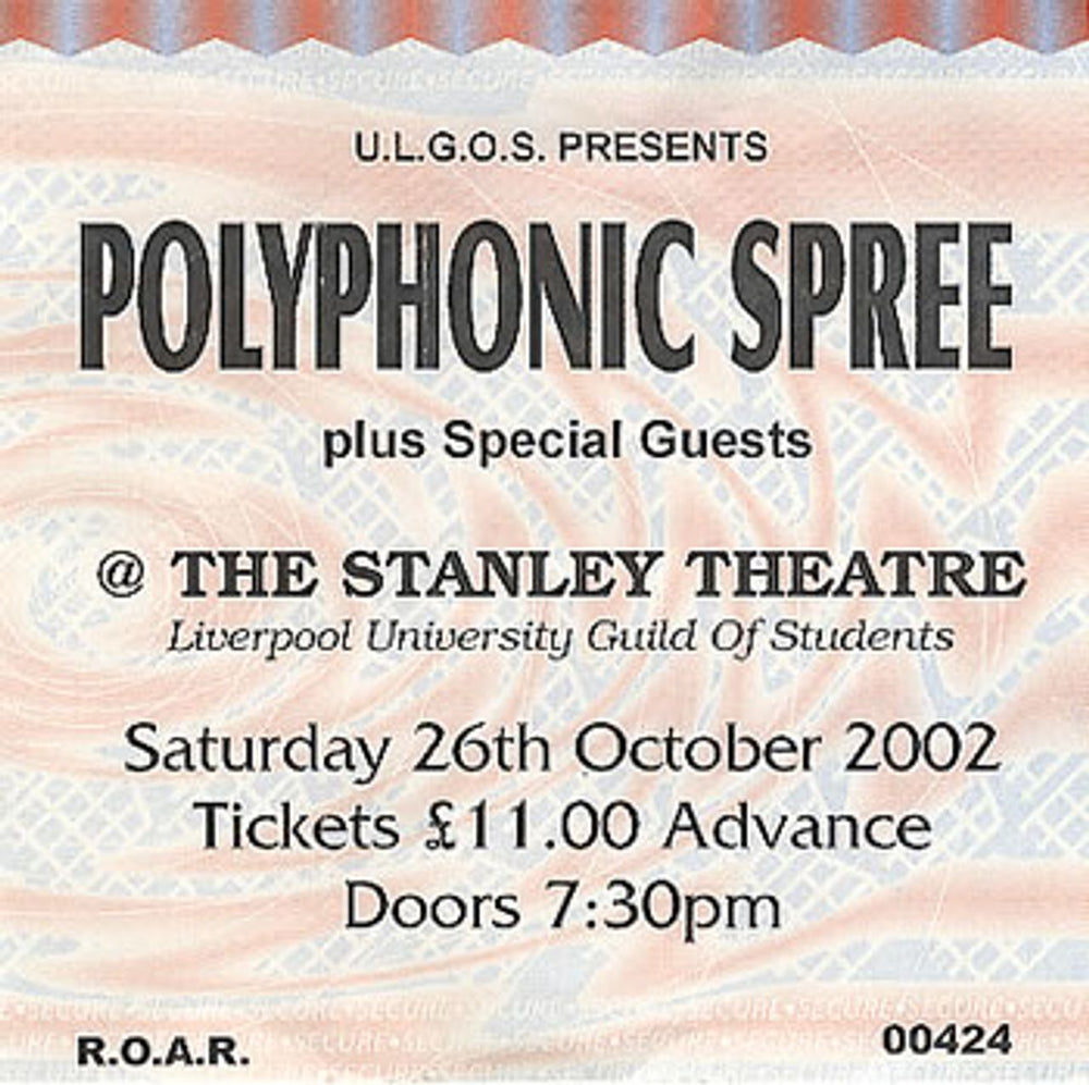 The Polyphonic Spree The Stanley Theatre UK concert ticket USED TICKET