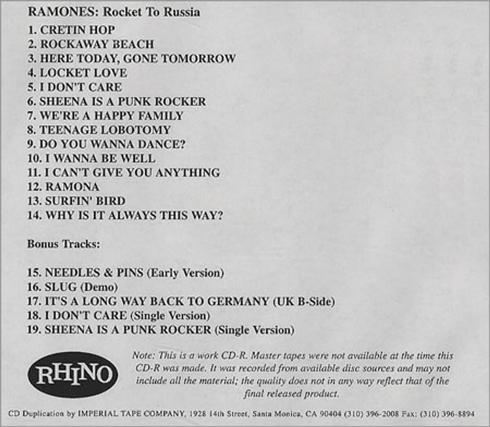 The Ramones Rocket To Russia US Promo CD-R acetate CD ACETATE