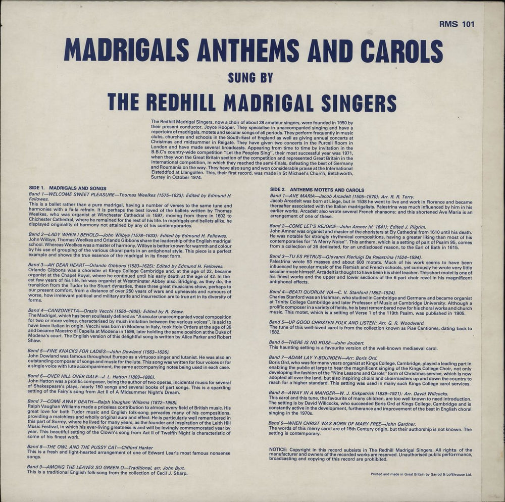 The Redhill Madrigal Singers Madrigals Anthems And Carols UK vinyl LP album (LP record)