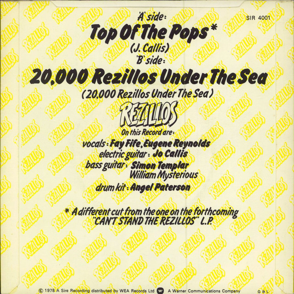 The Rezillos Top Of The Pops - P/S - No 'Rezillos' logo label UK 7" vinyl single (7 inch record / 45)