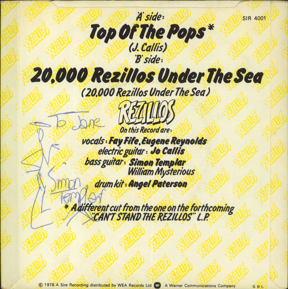 The Rezillos Top Of The Pops - Rezillos logo label - Autographed UK 7" vinyl single (7 inch record / 45)