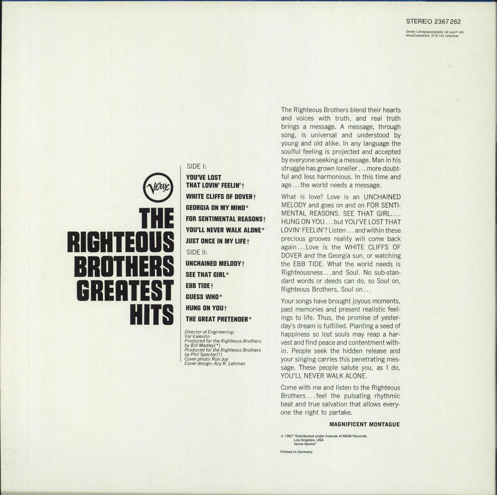 The Righteous Brothers Greatest Hits German vinyl LP album (LP record)