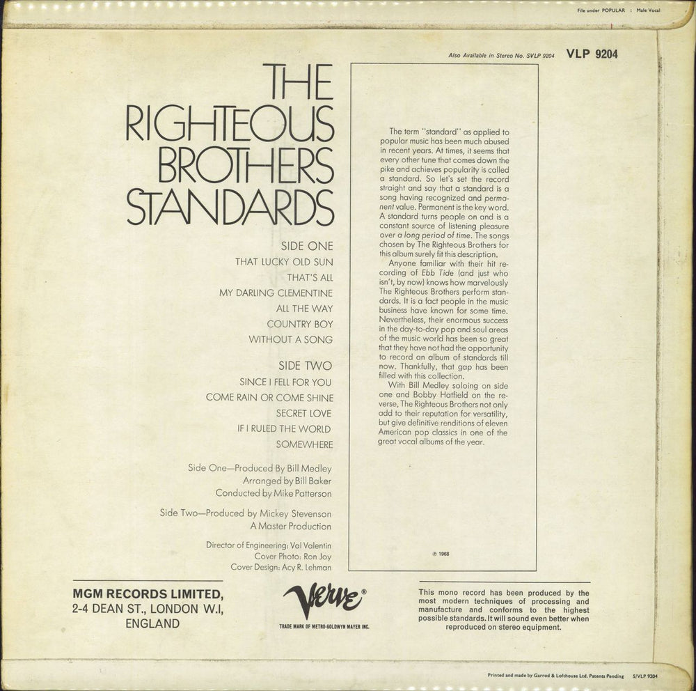 The Righteous Brothers Standards UK vinyl LP album (LP record)