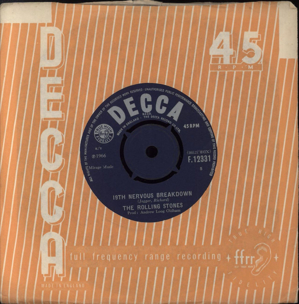 The Rolling Stones 19th Nervous Breakdown - 1st [b] UK 7" vinyl single (7 inch record / 45) F.12331