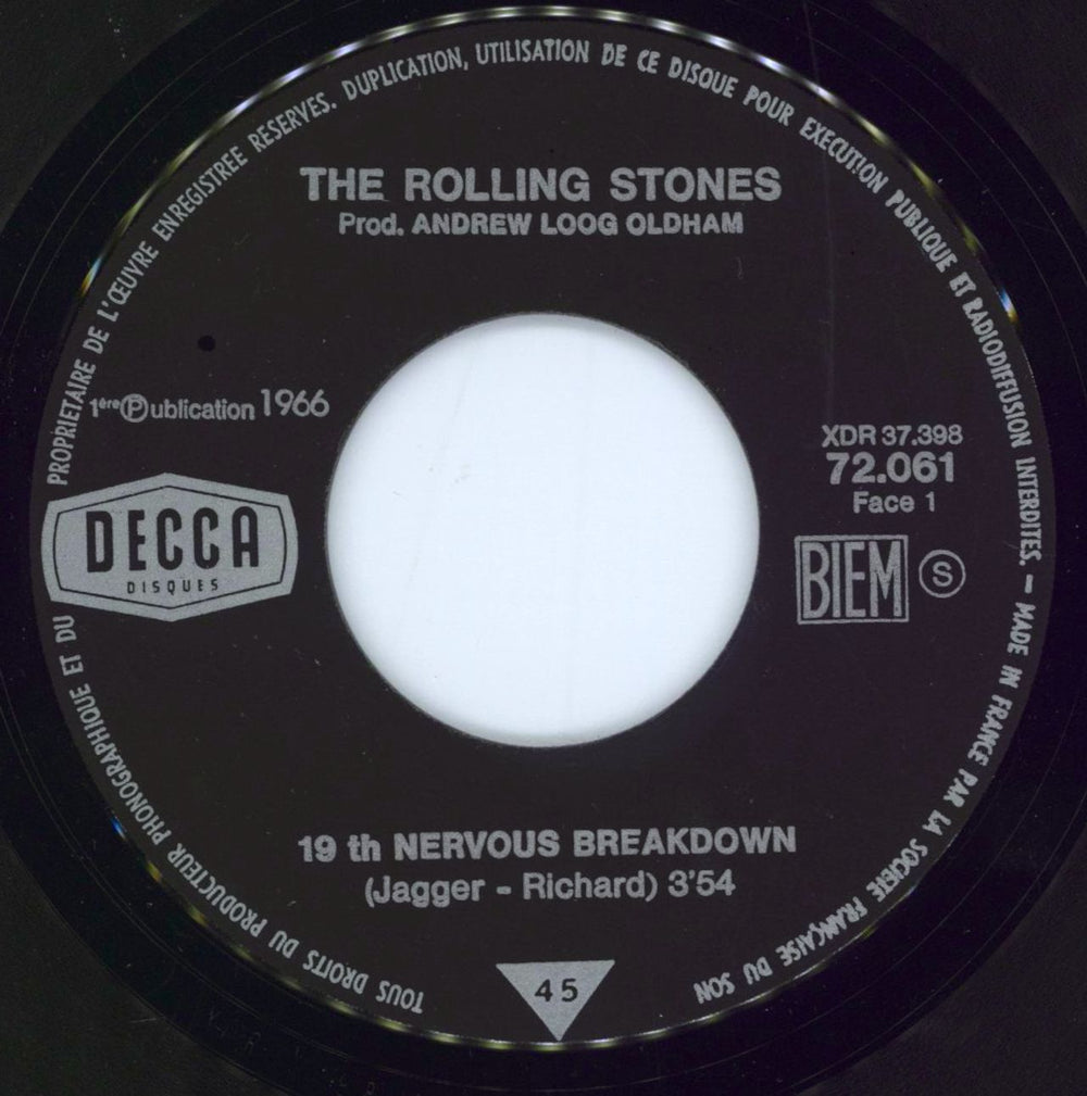 The Rolling Stones 19th Nervous Breakdown / As Tears Go By + Die-Cut b&w P/S French Promo 7" vinyl single (7 inch record / 45) ROL07TH777364