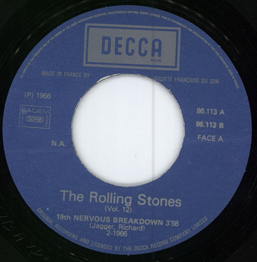 The Rolling Stones 19th Nervous Breakdown French 7" vinyl single (7 inch record / 45) ROL07TH784500