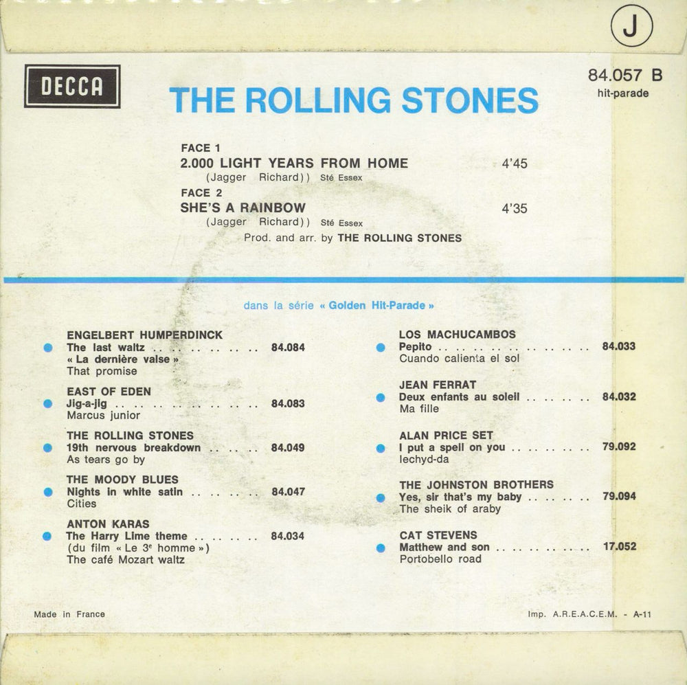 The Rolling Stones 2000 Light Years From Home French 7" vinyl single (7 inch record / 45)