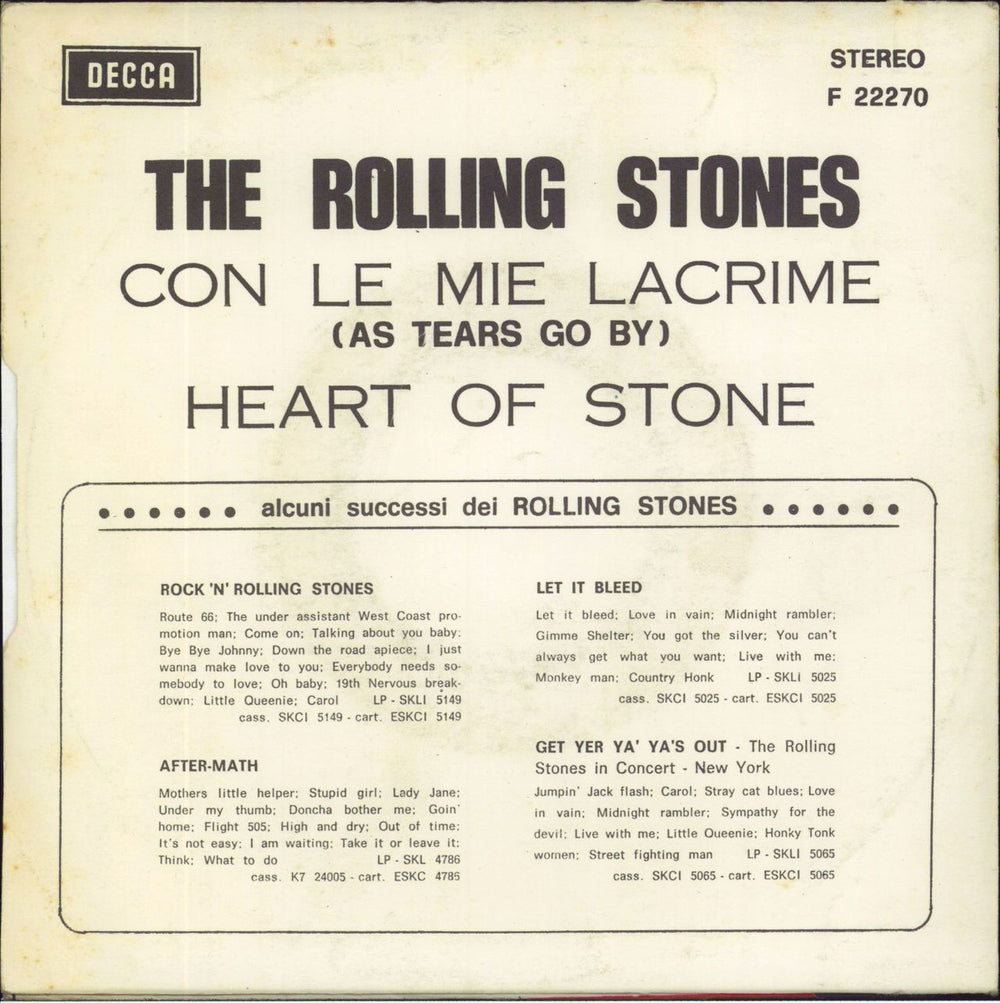 The Rolling Stones Con Le Mie Lacrime (As Tears Go By) - 2nd Italian 7" vinyl single (7 inch record / 45)