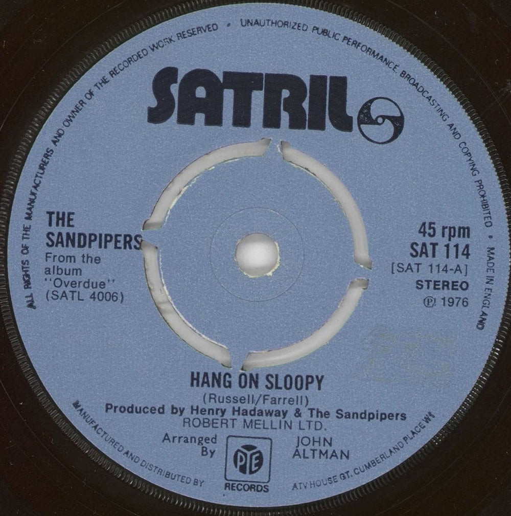 The Sandpipers Hang On Sloopy - 4Pr UK 7" vinyl single (7 inch record / 45) SAT114