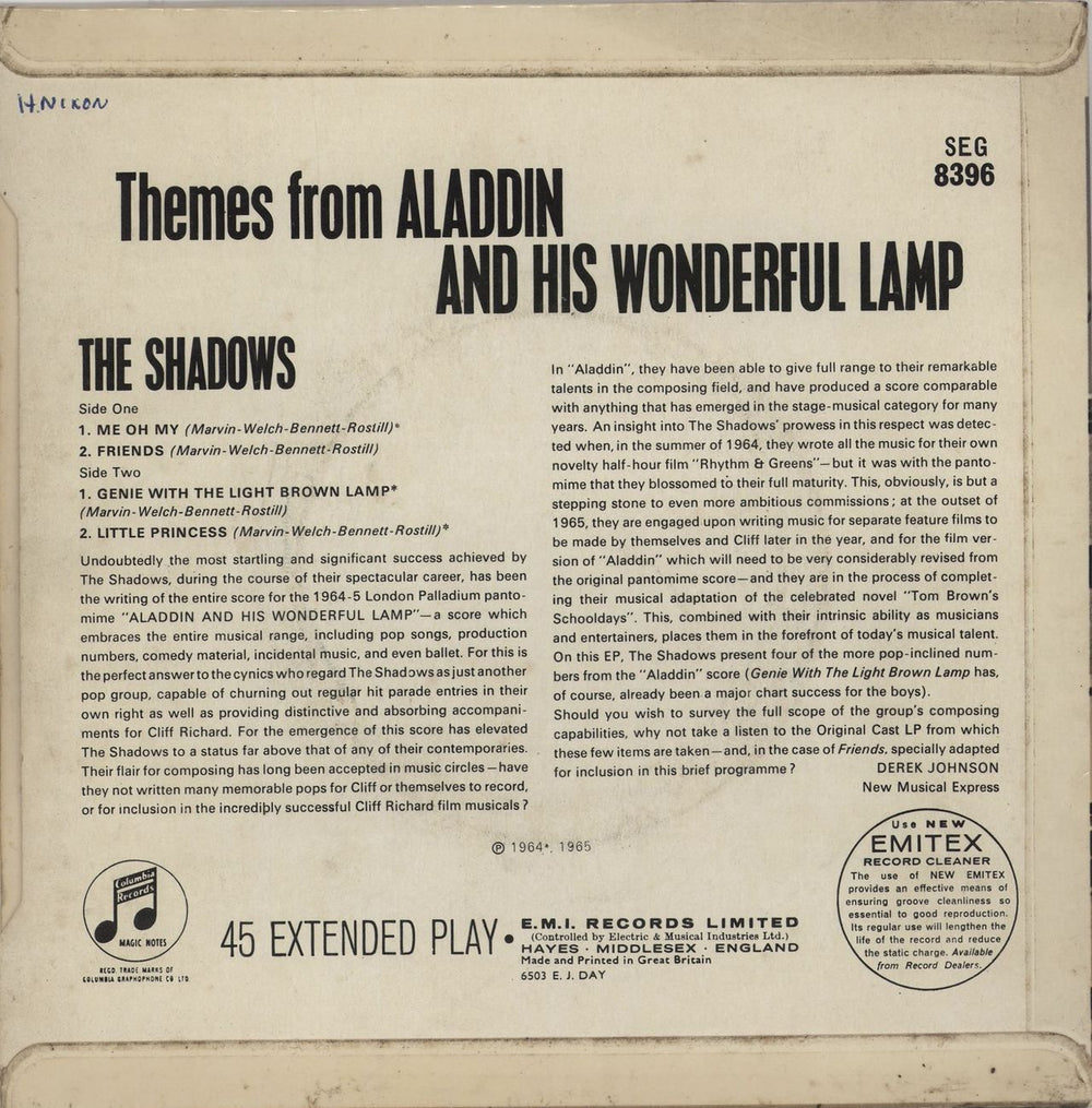 The Shadows Themes From Aladdin - VG+/EX- UK 7" vinyl single (7 inch record / 45) SHD07TH721170