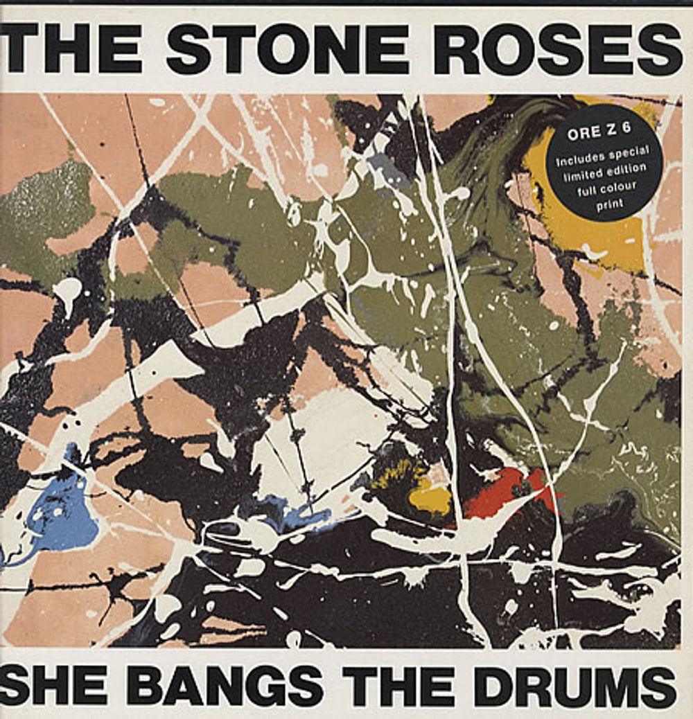 The Stone Roses She Bangs The Drums + Print UK 12" vinyl single (12 inch record / Maxi-single) OREZ6