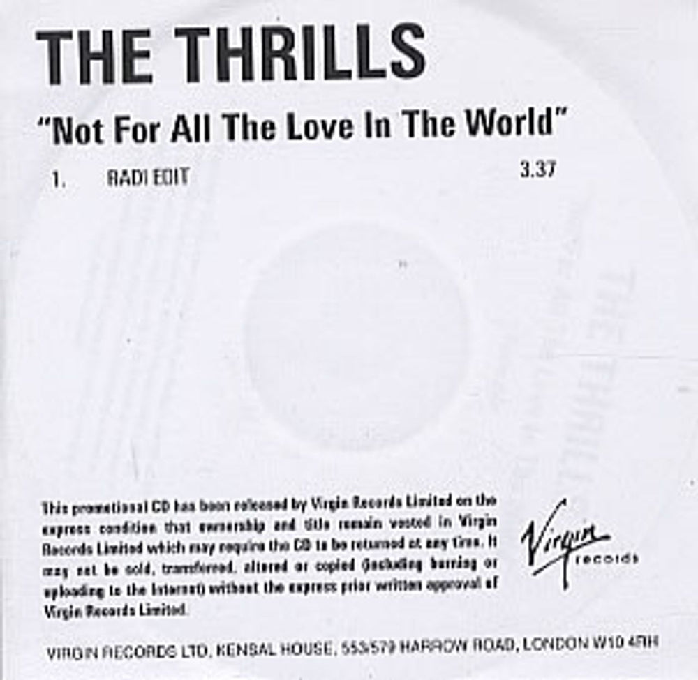 The Thrills Not For All The Love In The World UK Promo CD-R acetate CD-R ACETATE