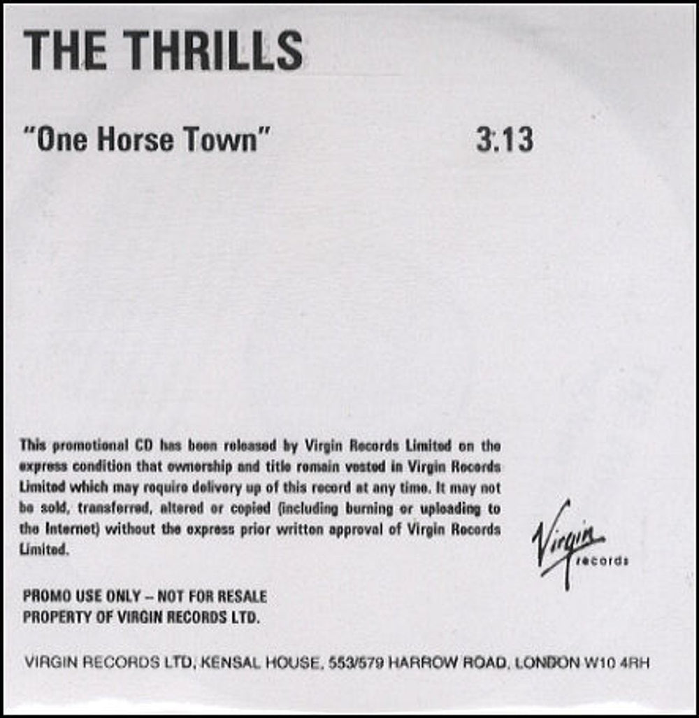 The Thrills One Horse Town UK Promo CD-R acetate CD-R ACETATE