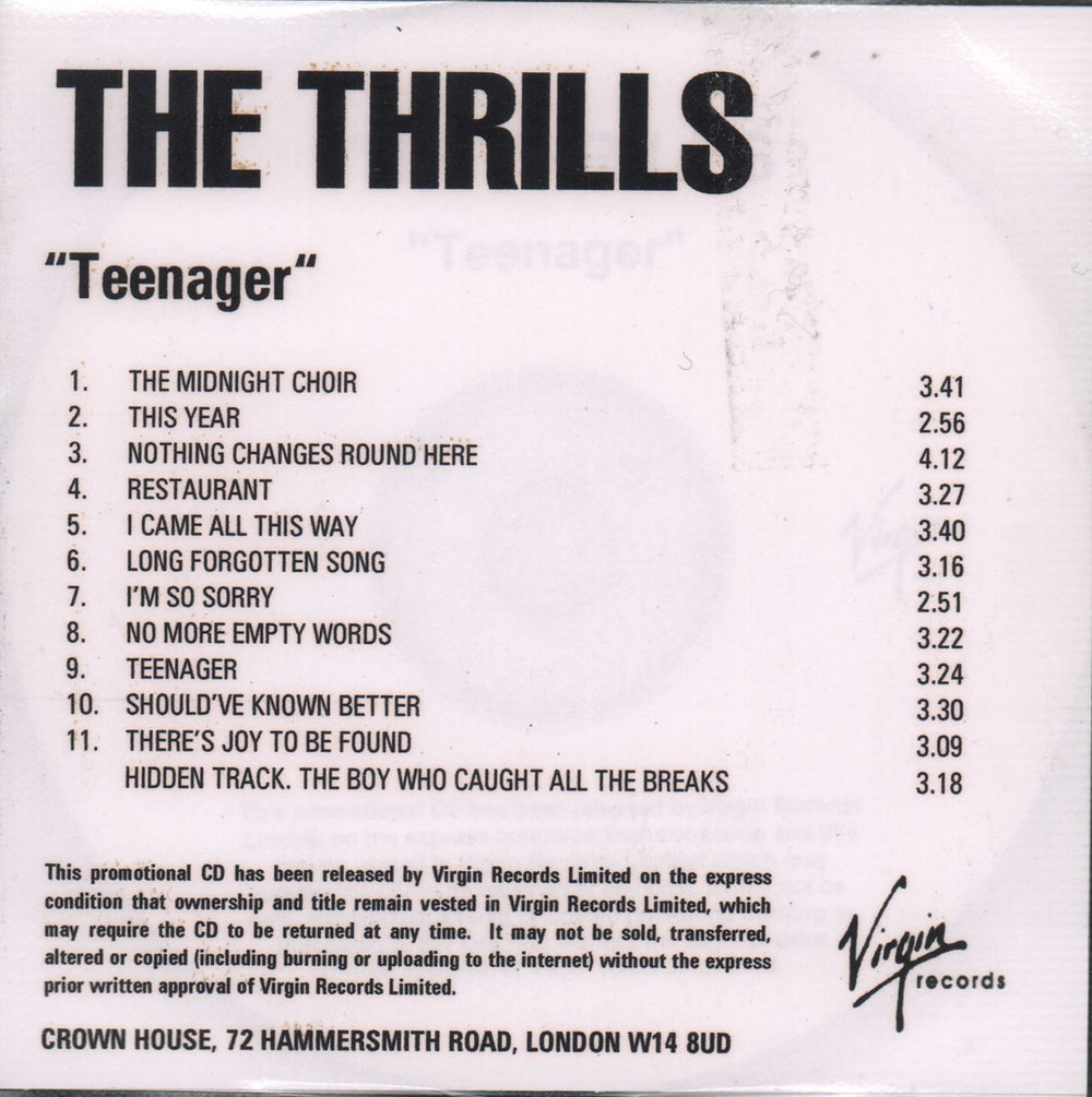 The Thrills Teenager UK Promo CD-R acetate CD-R