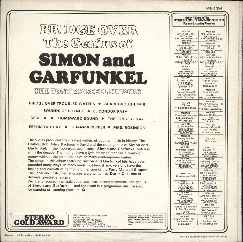 The Tony Mansell Singers Bridge Over The Genius Of Simon And Garfunkel UK vinyl LP album (LP record)