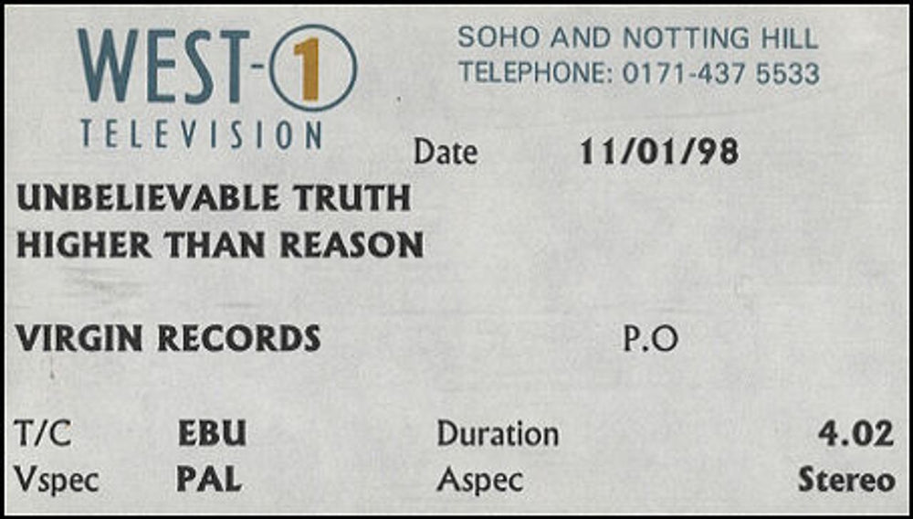 The Unbelievable Truth Higher Than Reason UK Promo video (VHS or PAL or NTSC) PROMO VIDEO