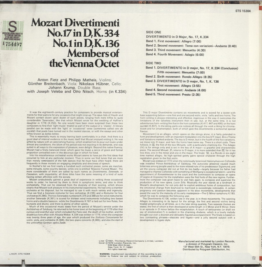 The Vienna Octet Mozart Divertimenti No.17 in D, K.334 & No.1 in D, K.136 US vinyl LP album (LP record)