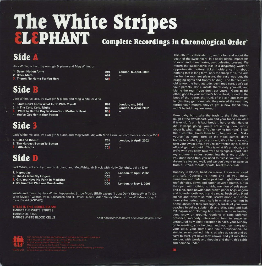 The White Stripes Elephant - 180 Gram - EX US 2-LP vinyl record set (Double LP Album) 093624944003