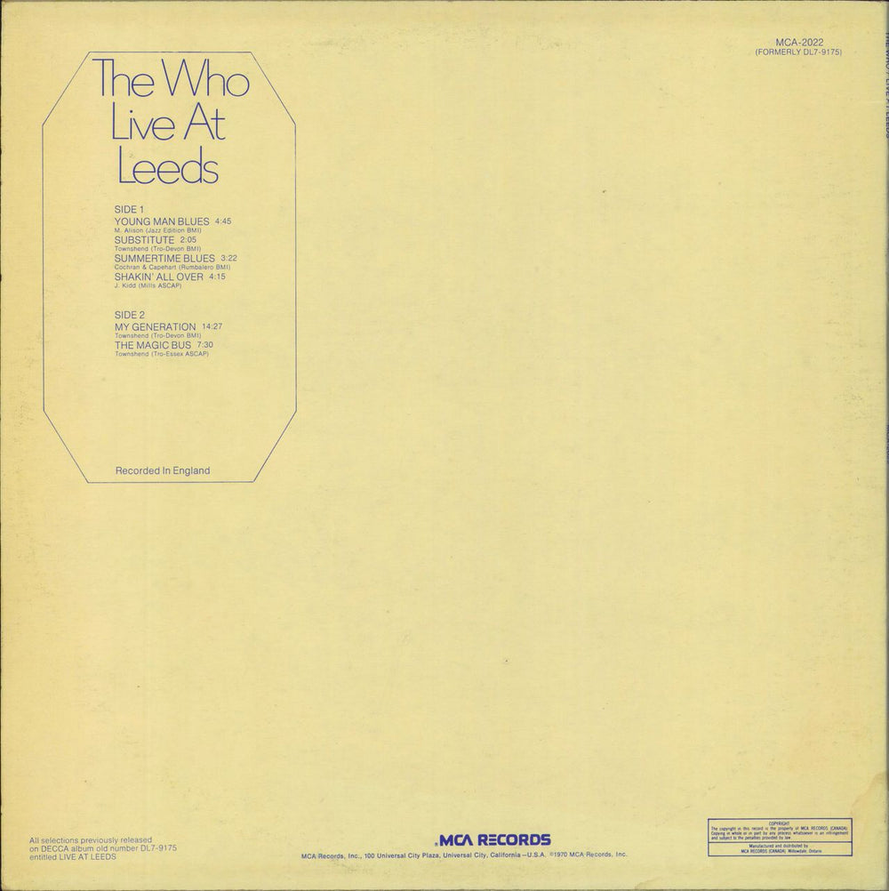 The Who Live At Leeds Canadian vinyl LP album (LP record)