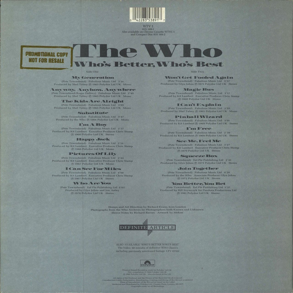 The Who Who's Better, Who's Best UK Promo vinyl LP album (LP record) 042283538917