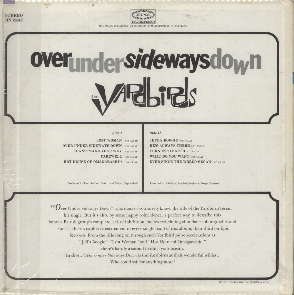 The Yardbirds Over Under Sideways Down - shrink US vinyl LP album (LP record)