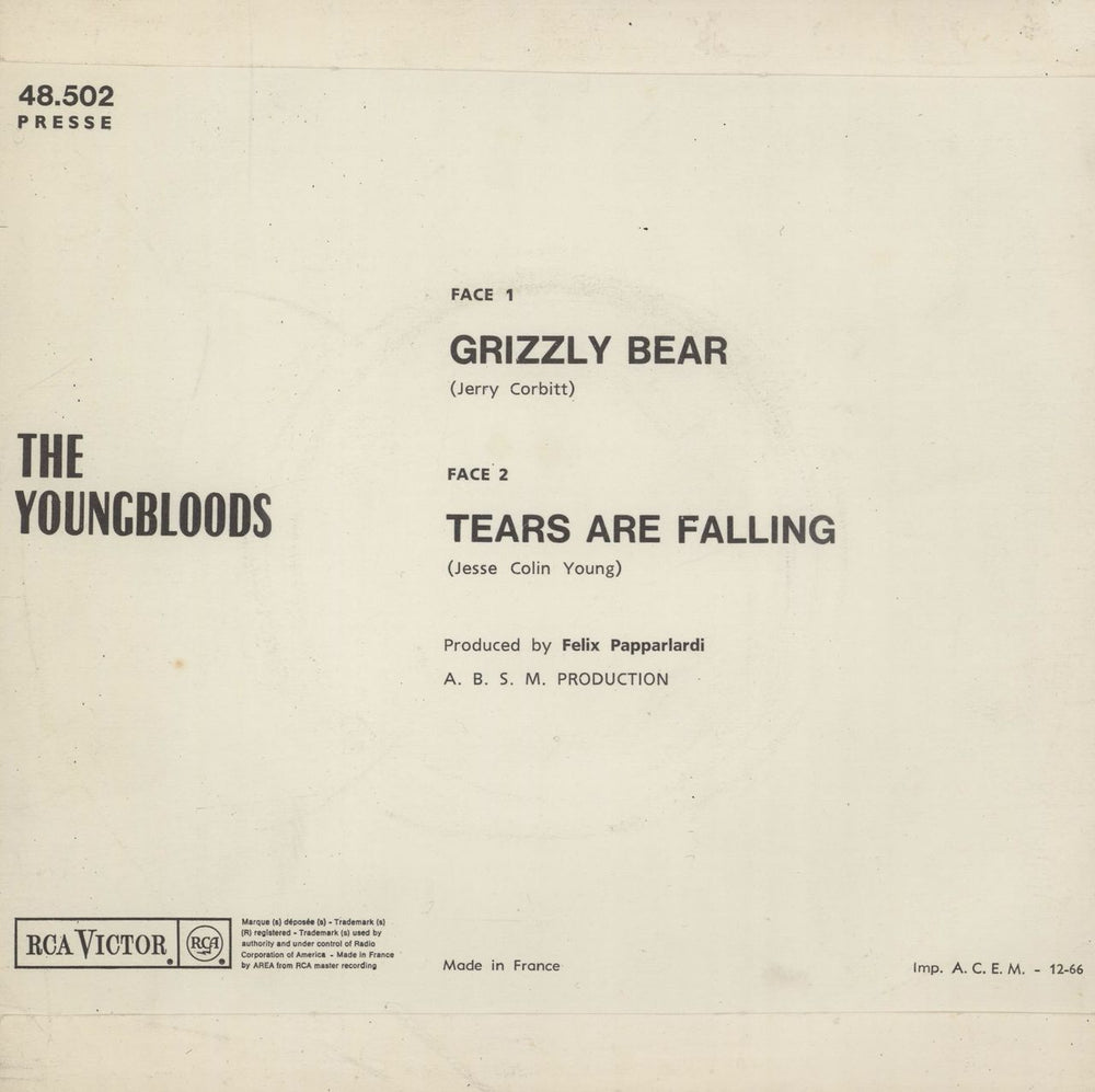 The Youngbloods Grizzly Bear French 7" vinyl single (7 inch record / 45)