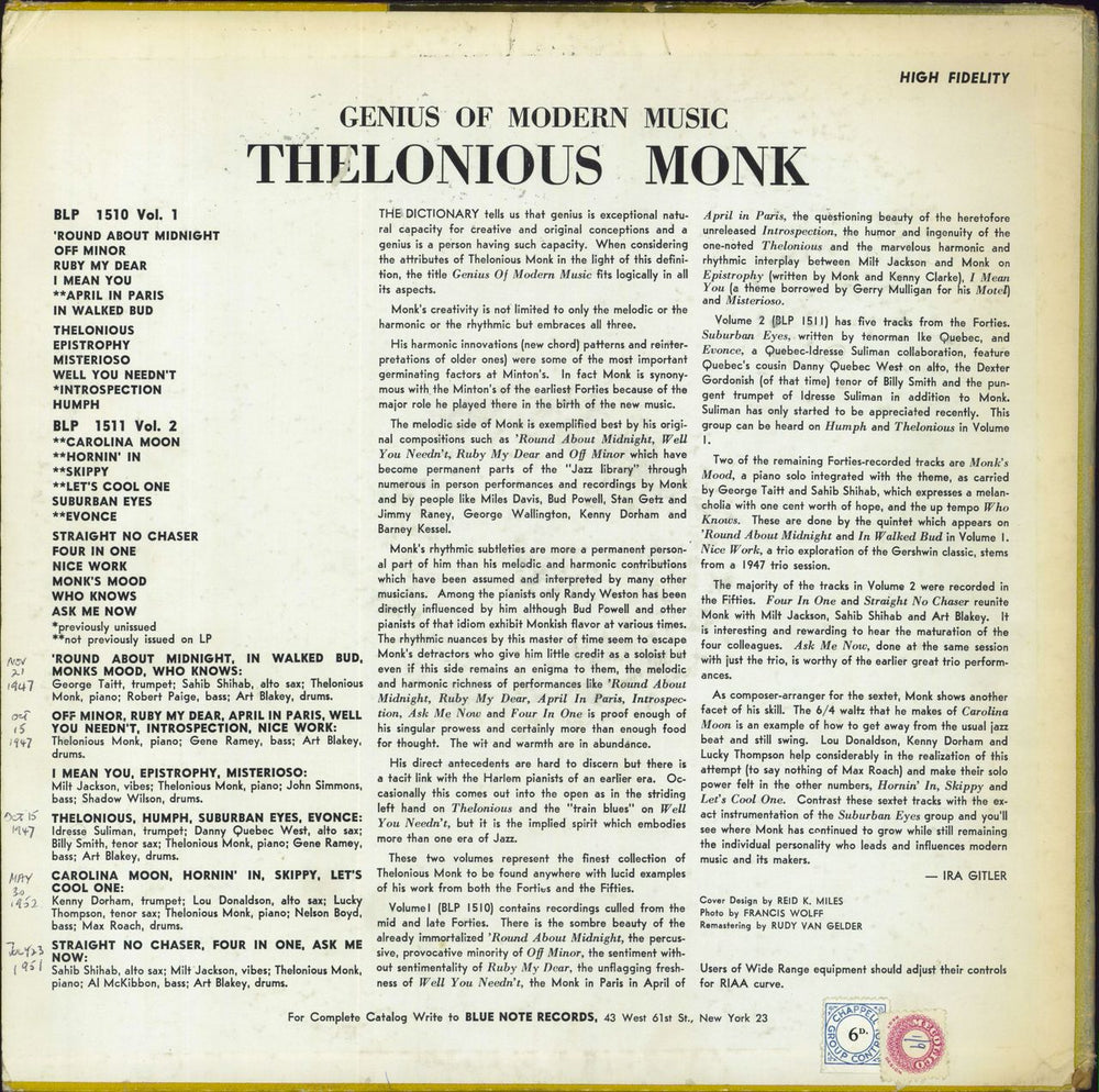 Thelonious Monk Genius Of Modern Music Volume 1 - 1st US vinyl LP album (LP record)