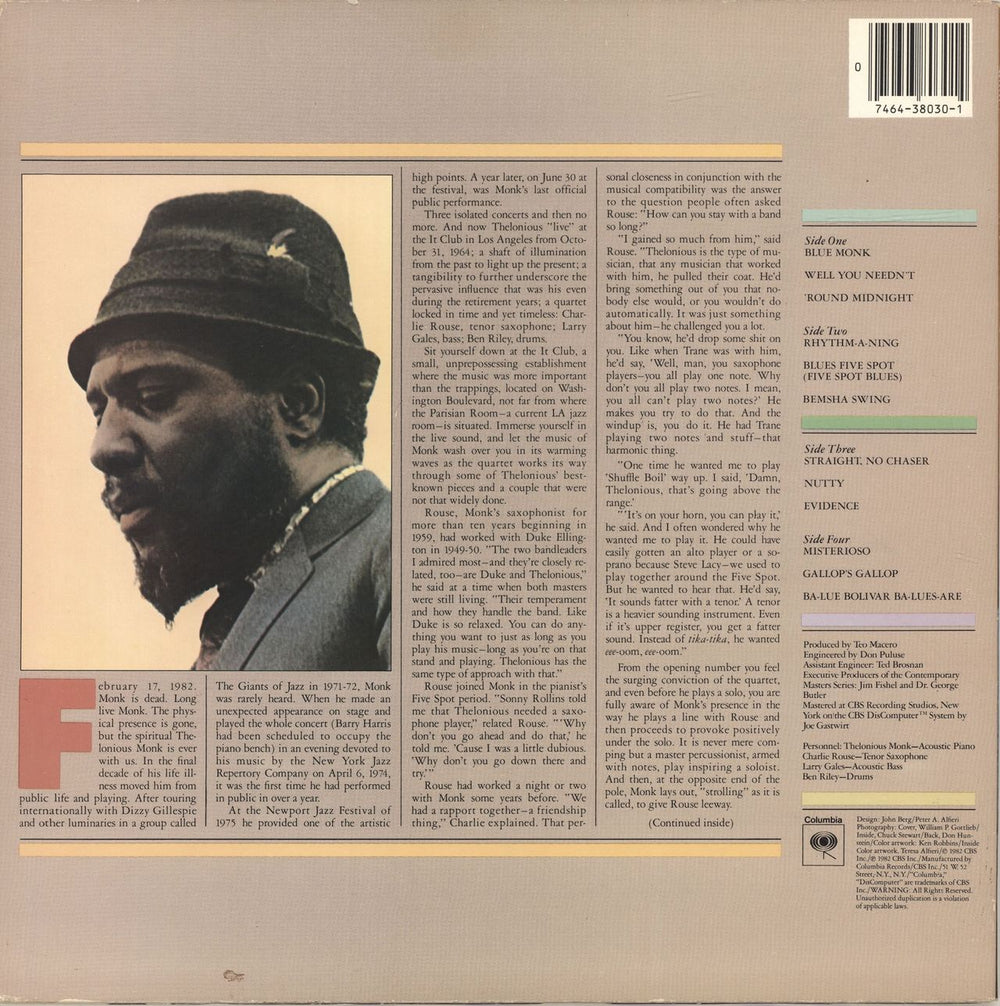 Thelonious Monk Live At The It Club US 2-LP vinyl record set (Double LP Album) 074643803014