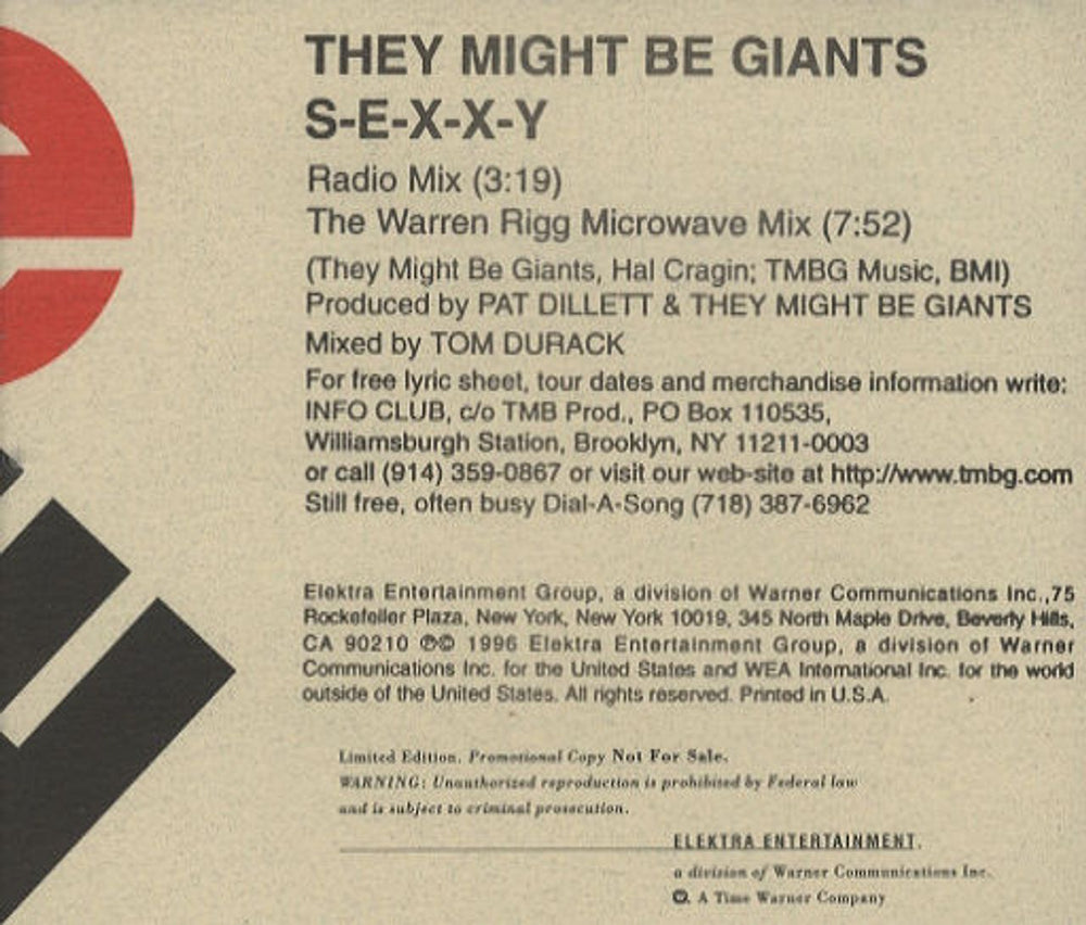 They Might Be Giants S-e-x-y US Promo CD single (CD5 / 5") PRCD9637-2