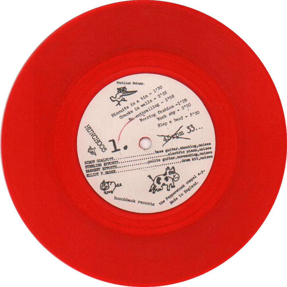 Thrilled Skinny Little Piggies And Cows EP - Red Vinyl UK 7" vinyl single (7 inch record / 45) TS907LI319567