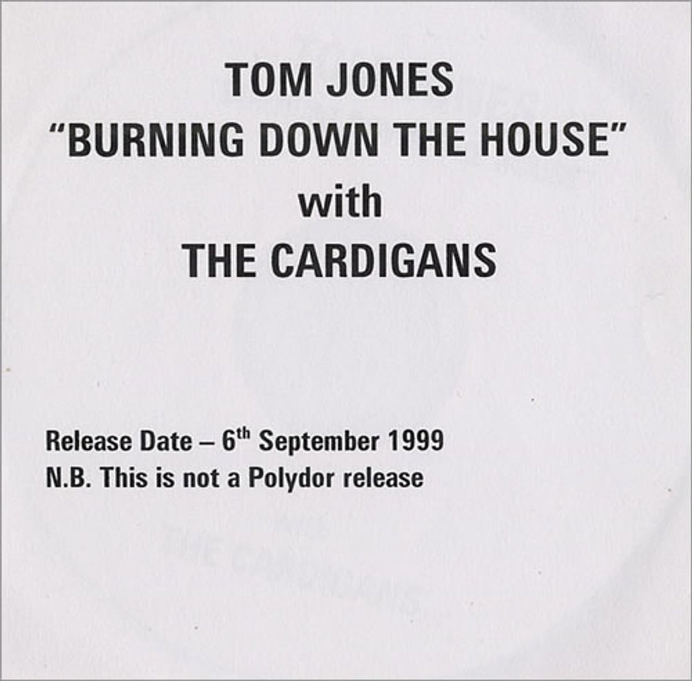 Tom Jones Burning Down The House UK Promo CD-R acetate CD ACETATE