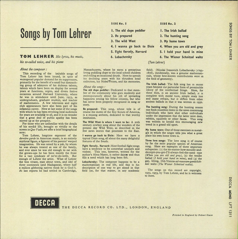 Tom Lehrer Songs By Tom Lehrer UK 10" vinyl single (10 inch record)