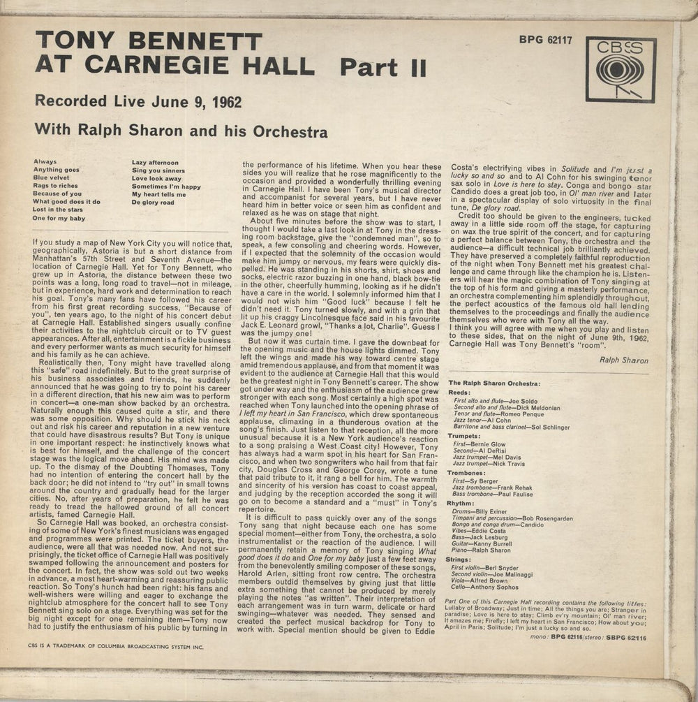 Tony Bennett At Carnegie Hall - Part 2 - Mono 1st UK vinyl LP album (LP record) BPG62117