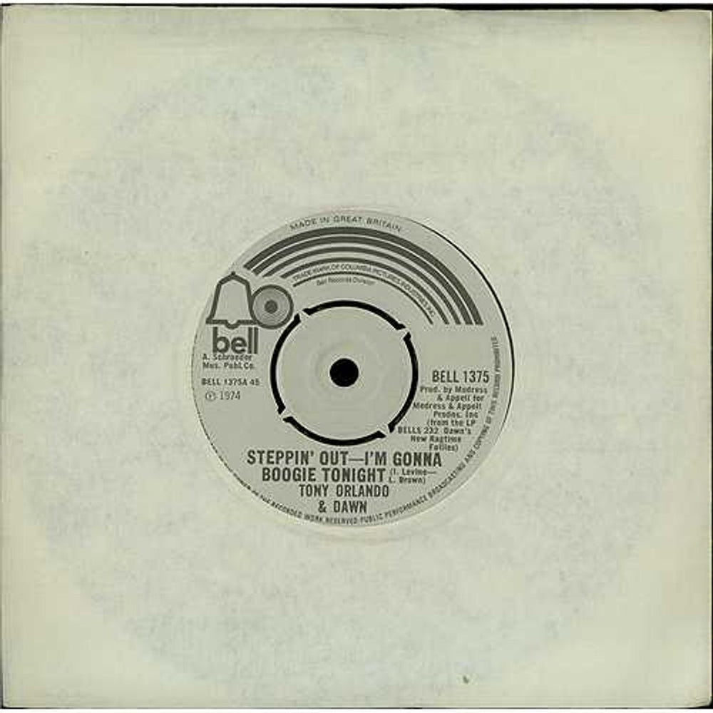 Tony Orlando & Dawn Steppin' Out - I'm Gonna Boogie Tonight UK 7" vinyl single (7 inch record / 45) BELL1375